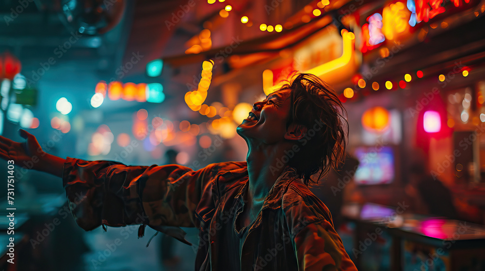 Arcade Bliss: An Asian Man Stands with Arms Outstretched in an Arcade Room, Experiencing Pure Joy and Excitement Amidst the Glow of Video Games and Fun