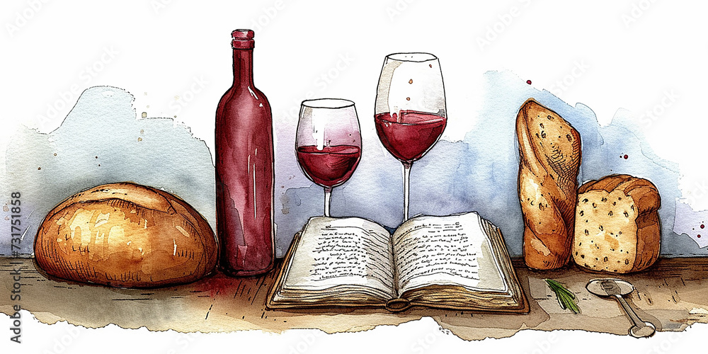 Simboli eucaristici. Simboli della Cena del Signore: Bibbia, bicchiere di vino e pane sul tavolo,  sfondo bianco, stile acquerello - obrazy, fototapety, plakaty 