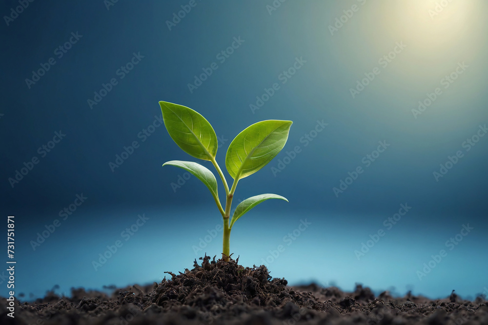 Green young tree sprout on a blue blurred background idea business startup investment success Green young tree sprout on a blue blurred background idea business startup investment success