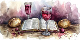 Simboli eucaristici. Simboli della Cena del Signore: Bibbia, bicchiere di vino e pane sul tavolo, sfondo bianco, stile acquerello