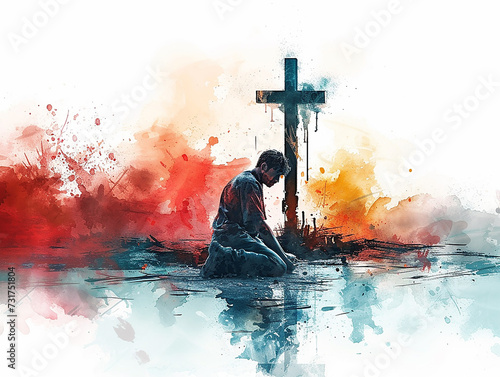 Uomo inginocchiato e in preghiera davanti alla croce. nuvole nel cielo, sfondo bianco, stile acquerello, photo