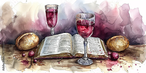 Simboli eucaristici. Simboli della Cena del Signore: Bibbia, bicchiere di vino e pane sul tavolo, sfondo bianco, stile acquerello
