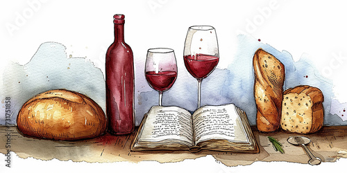 Simboli eucaristici. Simboli della Cena del Signore: Bibbia, bicchiere di vino e pane sul tavolo,  sfondo bianco, stile acquerello photo