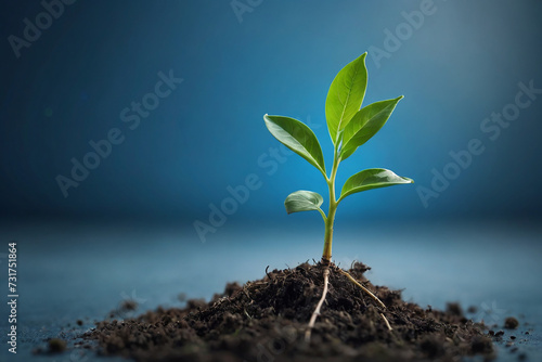 Green seedling growing from soil on blue background. Ecology concept.
