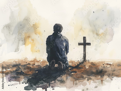 Uomo inginocchiato e in preghiera davanti alla croce. nuvole nel cielo, sfondo bianco, stile acquerello, photo
