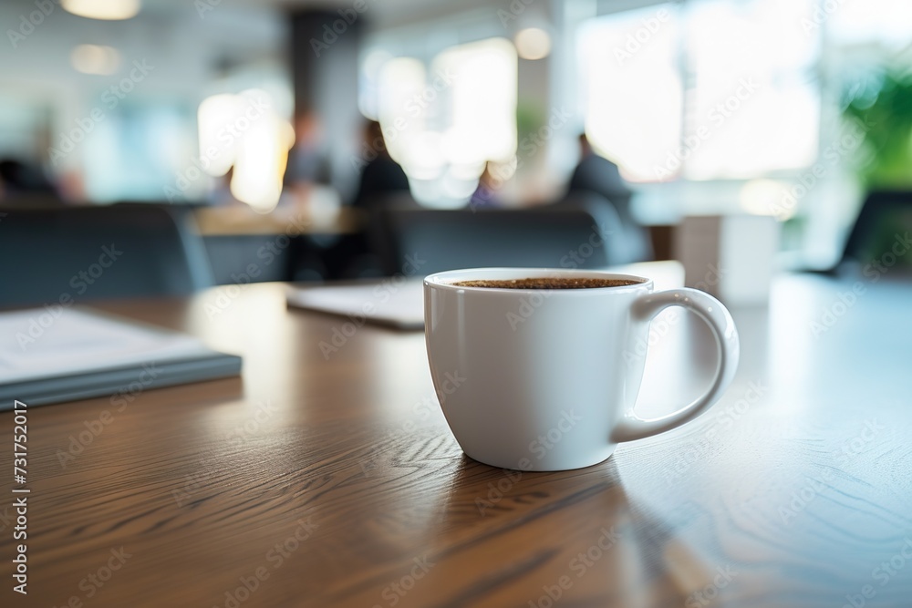 Cup of coffee on the table in the office in the background with office workers.