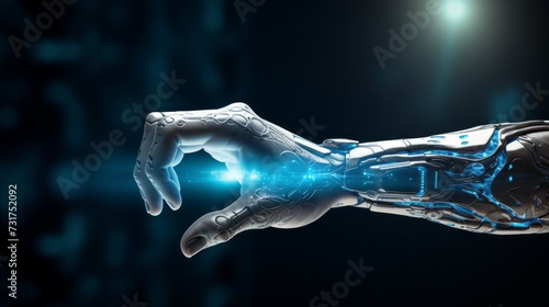 Robotic hand pointing to global network connections: futuristic wireless business data exchange