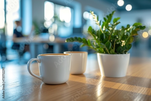Wallpaper Mural Cup of coffee on the table in the office in the background with office workers. Torontodigital.ca