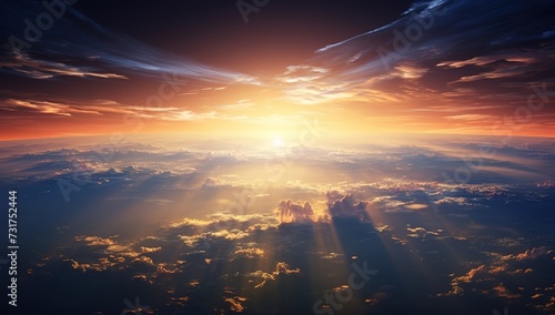 The sun rises above the earth, the ball of life awakens in the new from painting the sky with its radiant light © candra