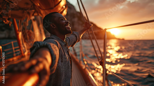 Sailing to Happiness: An African American Man Stands on a Large Yacht with Arms Outstretched, Exuding Joy and Freedom as He Embraces the Open Waters