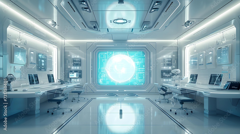 Inside a space station's command center with a central holographic interface, surrounded by high-tech workstations and interactive data screens. Inside a space station's command center with a central holographic interface, surrounded by high-tech workstations and interactive data screens.
