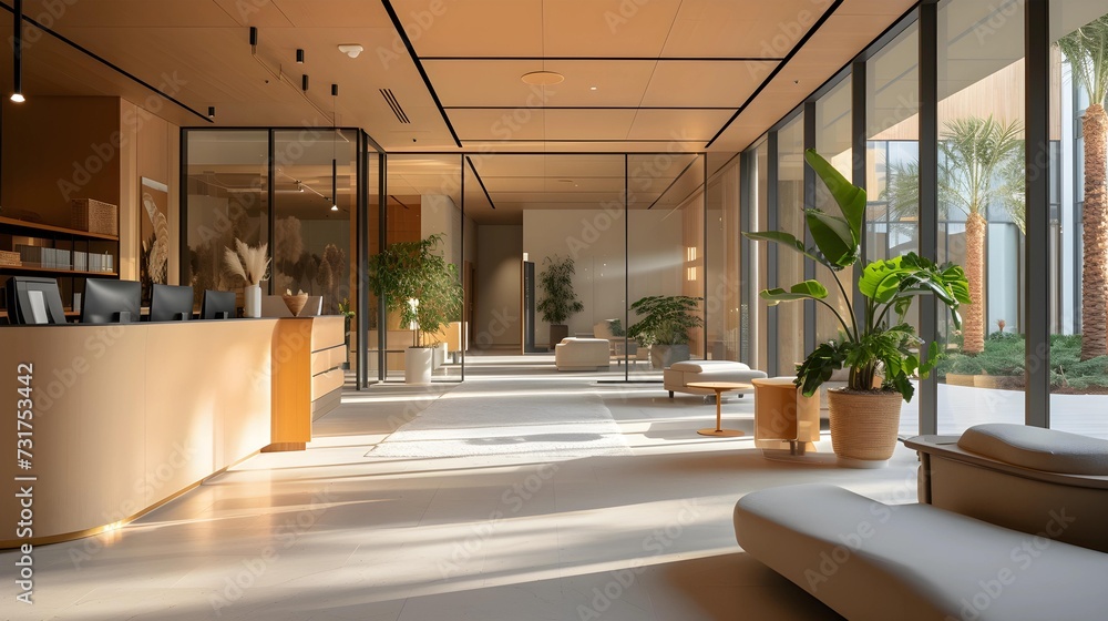 A spacious and modern office lobby bathed in natural light, featuring sleek design lines, potted plants for a touch of greenery, and a welcoming atmosphere. A spacious and modern office lobby bathed in natural light, featuring sleek design lines, potted plants for a touch of greenery, and a welcoming atmosphere.