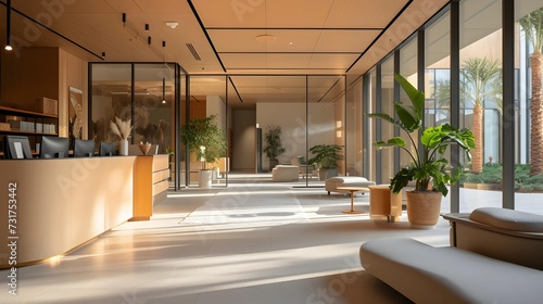 A spacious and modern office lobby bathed in natural light  featuring sleek design lines  potted plants for a touch of greenery  and a welcoming atmosphere.