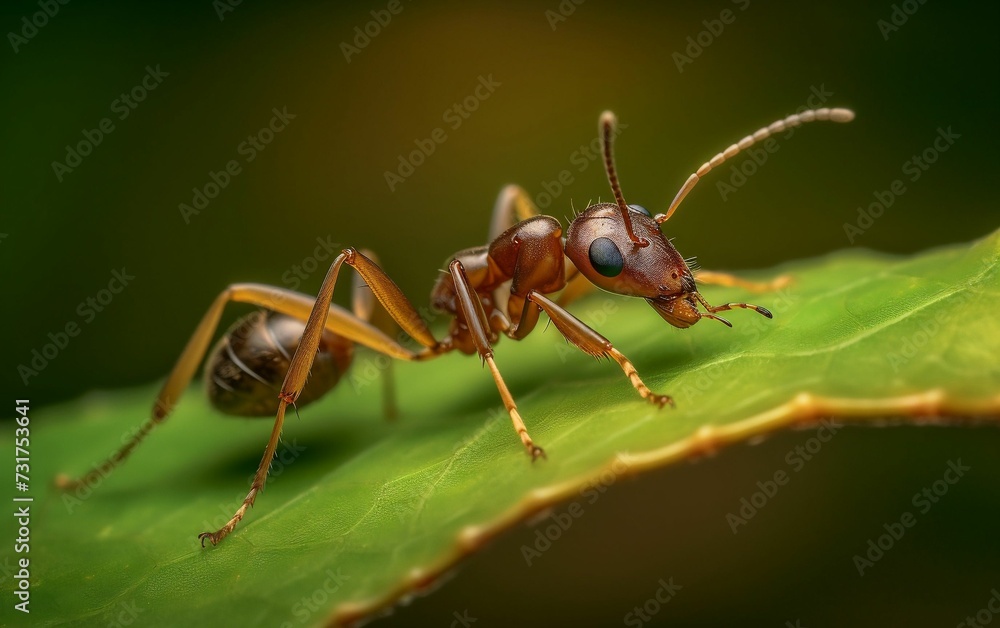 Macro shot of an ant with dark brown coloring perched atop a leaf Macro shot of an ant with dark brown coloring perched atop a leaf