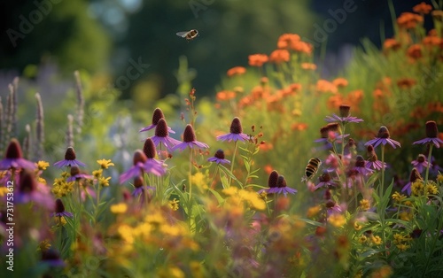 Fototapeta Naklejka Na Ścianę i Meble -  Arrangement of Echinacea flowers of vibrant multicolored flowers in a sprawling field