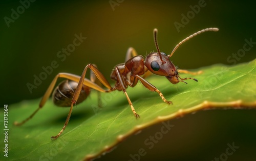 Macro shot of an ant with dark brown coloring perched atop a leaf