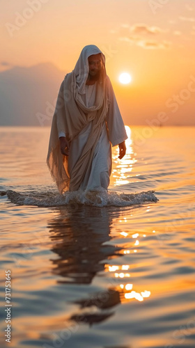 Jesus Christ walks on water. Christian religious photography for church publications  magazines and prints.