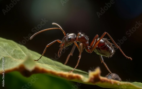 Macro shot of a brown ant beetle on the leaf of a plant