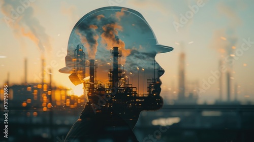 Double exposure of engineer in safety helmet with oil plant. generative ai