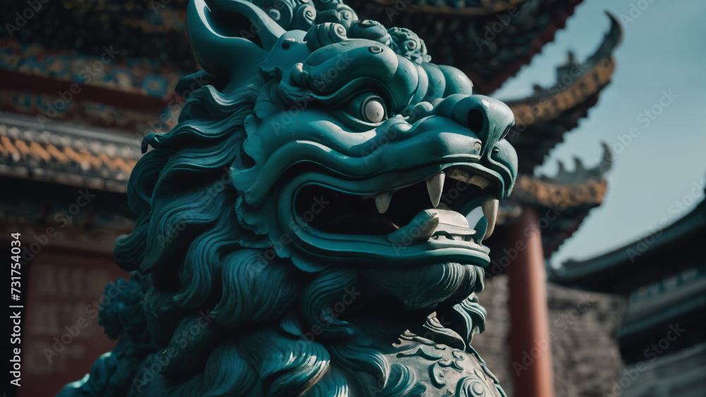 chinese lion statue in forbidden city  with a large mouth and a large tooth