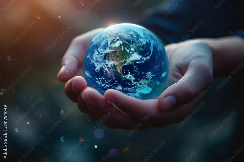 A pair of gentle hands tenderly hold a tiny Earth, its vibrant blue hues reflecting the fragility and beauty of our planet.Generated by ai A pair of gentle hands tenderly hold a tiny Earth, its vibrant blue hues reflecting the fragility and beauty of our planet.Generated by ai
