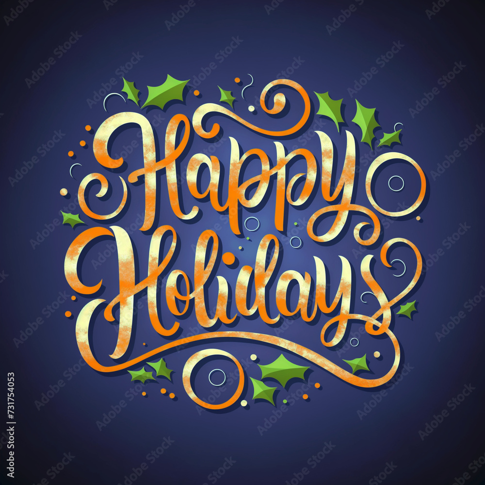 Happy Holidays lettering, Christmas and new year card with cursive typography and festive illustration with copy space Happy Holidays lettering, Christmas and new year card with cursive typography and festive illustration with copy space