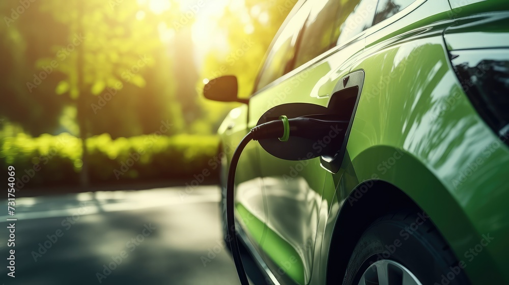 EV charging station for electric car in concept of green energy and eco power produced from sustainable source to supply to charger station in order to reduce CO2 emission, Generative Ai