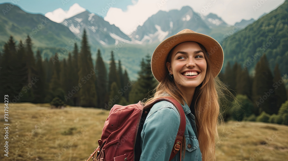 Young woman travels to the mountains and rejoices