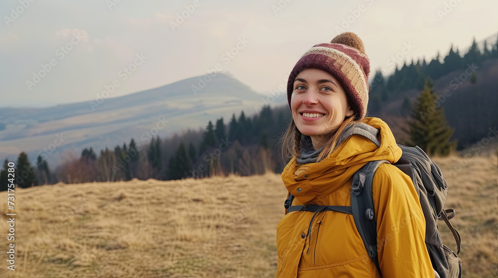 A young woman climbs the mountains and rejoices A young woman climbs the mountains and rejoices