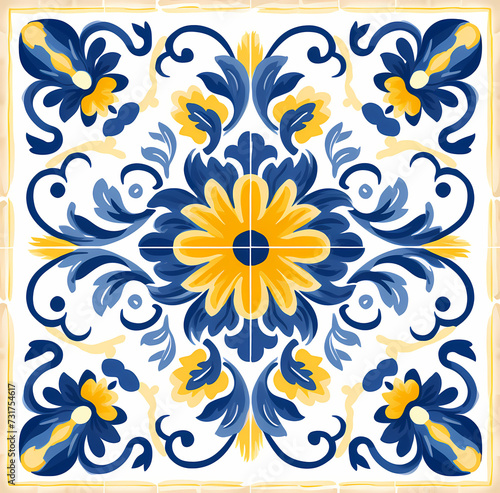 floral tiles in a blue and yellow watercolor ornate style