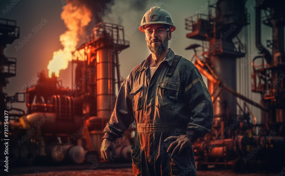 Middle-aged refinery worker in protective gear and helmet standing in front of a refinery with a soft flame in the evening. Middle-aged refinery worker in protective gear and helmet standing in front of a refinery with a soft flame in the evening.