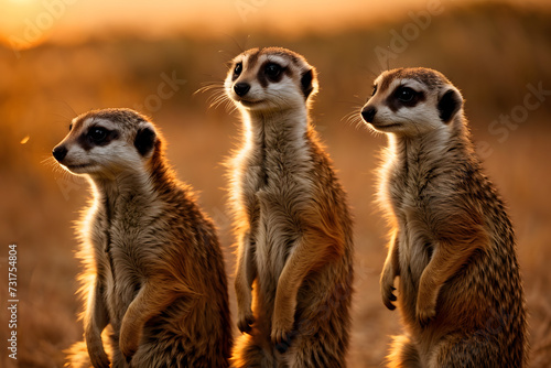 Meerkat group on guard standing in the evening background wallpaper