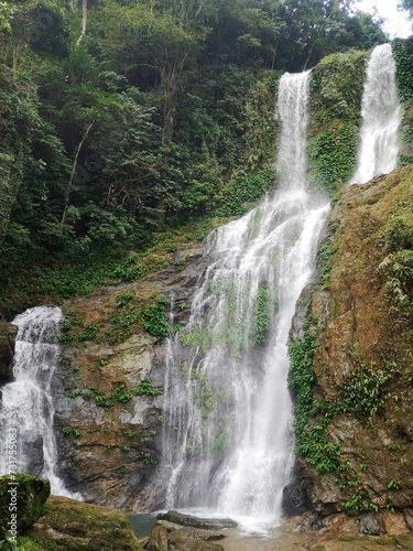 Tranquil waterfall cascading amongst lush  verdant greenery