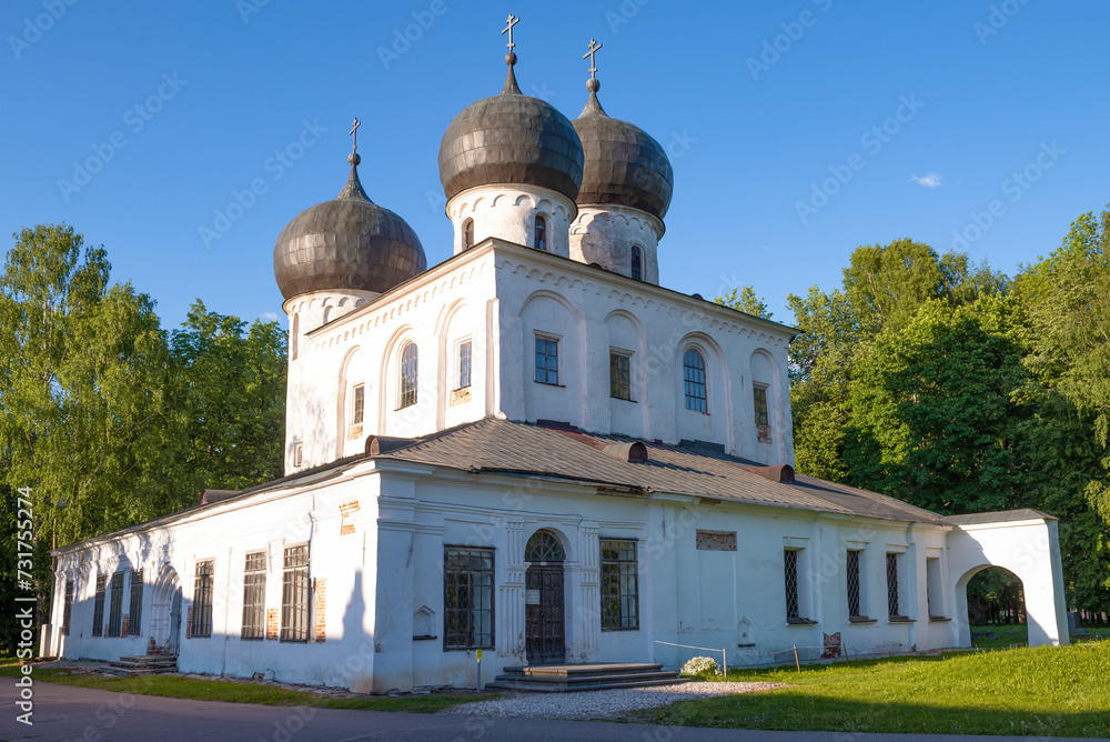 The ancient Cathedral of the Nativity of the Virgin Mary (1117-1119) close-up on a sunny June day. Anthony's Monastery. Veliky Novgorod, Russia