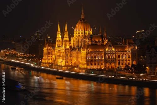 Hungarian Parliament Building at night. Budapest, Hungary. © Wirestock