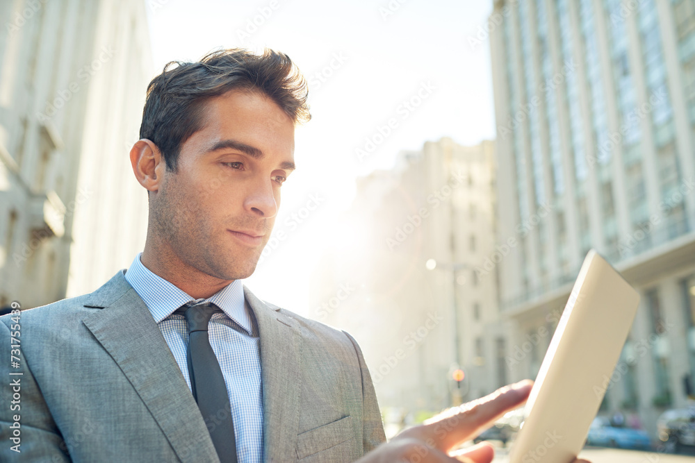 Serious, tablet and businessman in city networking on social media, mobile app or the internet. Career, research and professional male lawyer reading blog on website with digital technology in town. Serious, tablet and businessman in city networking on social media, mobile app or the internet. Career, research and professional male lawyer reading blog on website with digital technology in town.