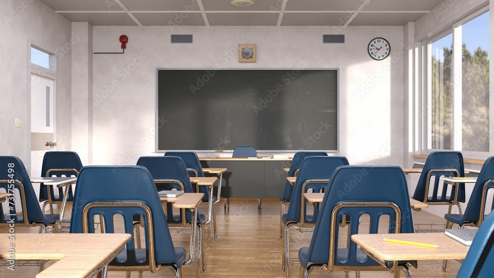 3D render of the interior of a school classroom with a chalkboard