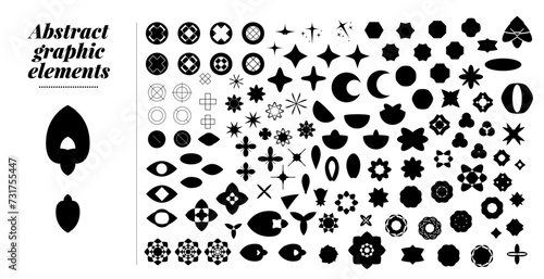 Gran colección de formas variadas. Recurso grafico para pegatinas de precios, iconos, insignias o logotipos. Formas abstractas variadas vectorizadas, estrellas, ojos, flores, formas abstractas, 