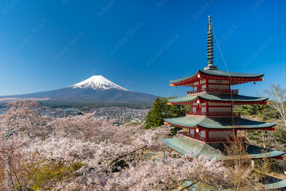 The Chureito Pagoda during spring season , part of the Arakura Sengen Shrine in Fujiyoshida ,Yamanashi Prefecture, Japan