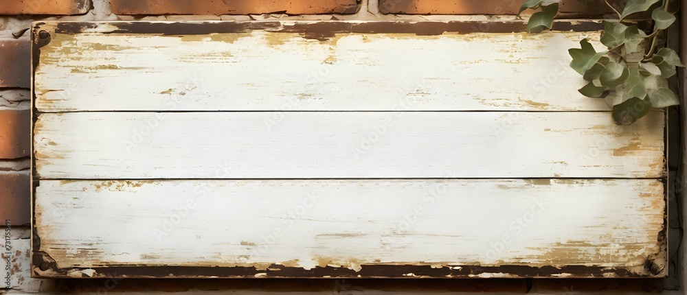 Shabby Empty Sign Made of Wooden Planks, Hanging on the Red Brick Wall. Place for text Shabby Empty Sign Made of Wooden Planks, Hanging on the Red Brick Wall. Place for text