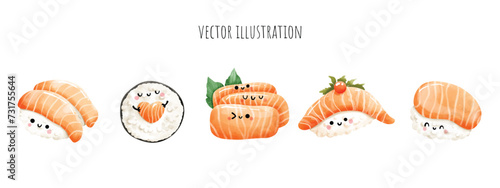 Watercolor Banner of Japanese Food, Sushi. Vector illustration