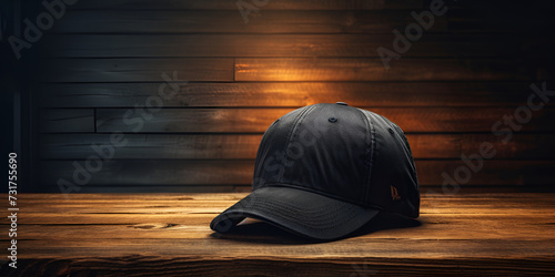 Casual elegance portrayed as a black baseball cap sits neatly on the table. photo