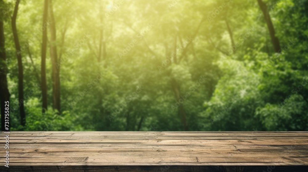 Obraz premium Empty wooden table top product display showcase stage. Lush summer forrest background.
