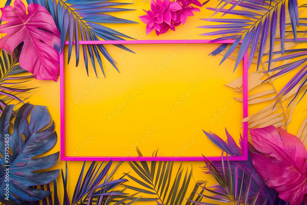 bright neon purple frame on yellow background with tripical leafs around the frame