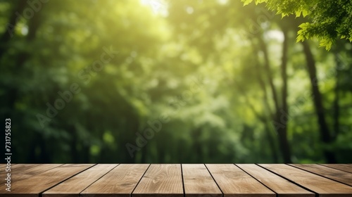 Empty wooden table top product display showcase stage. Lush summer forrest background.