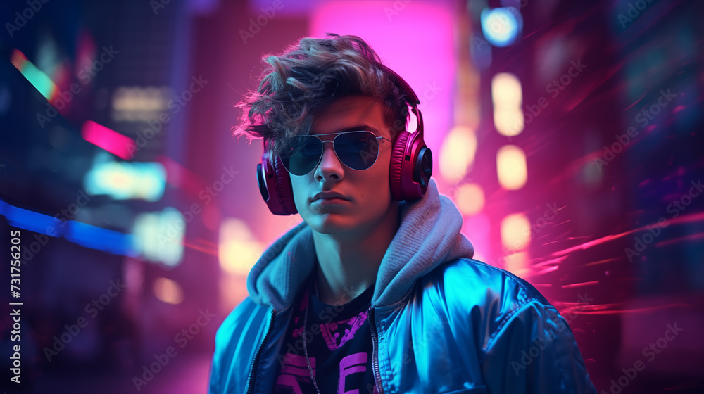 Beautiful synthwave male, boy in a nice looking clothes in a synthwave world, retrowave neon city. AI Generative. Beautiful synthwave male, boy in a nice looking clothes in a synthwave world, retrowave neon city. AI Generative.