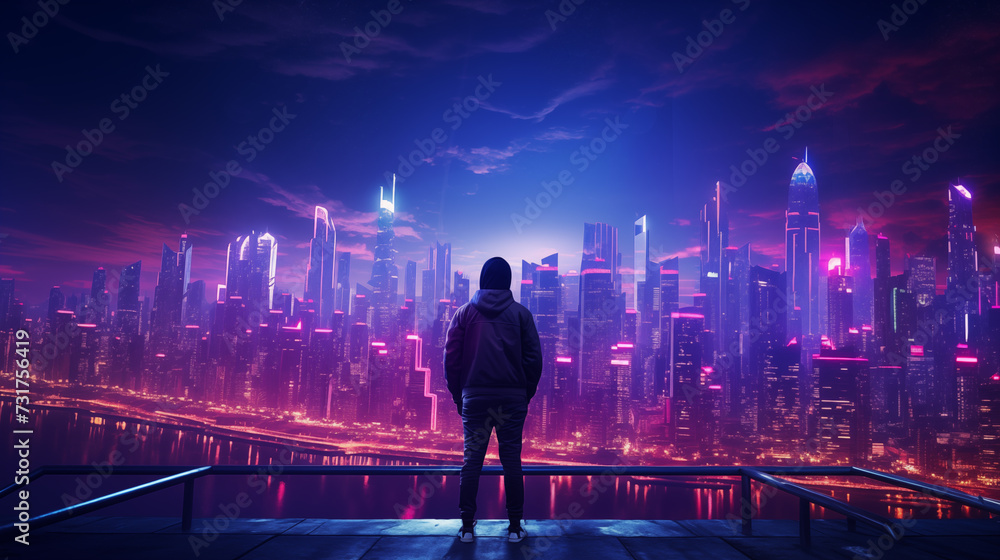 Beautiful synthwave male, boy in a nice looking clothes in a synthwave world, retrowave neon city. AI Generative. Beautiful synthwave male, boy in a nice looking clothes in a synthwave world, retrowave neon city. AI Generative.