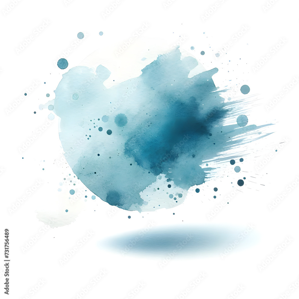 Hand drawn abstract light blue watercolor splash with blue and white spot on white background