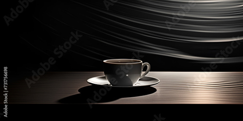 stylish white cup of tea or coffee with steam on black background, swirl and wave pattern, drink concept with elegant curve lines.