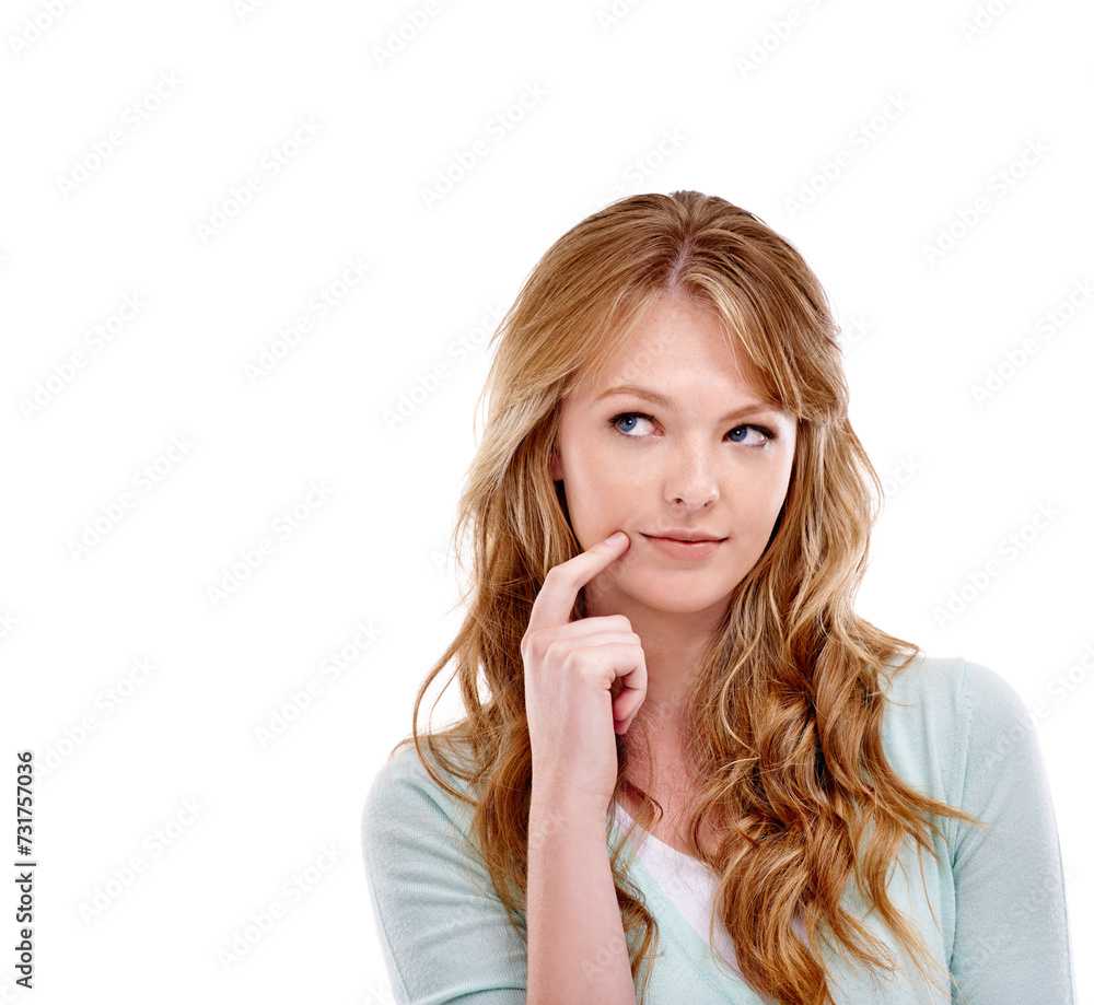 Woman, face and thinking or solution in studio for problem solving, contemplating or wondering on mockup space. Person, thoughtful or daydreaming with confidence, decision or hand on white background Woman, face and thinking or solution in studio for problem solving, contemplating or wondering on mockup space. Person, thoughtful or daydreaming with confidence, decision or hand on white background